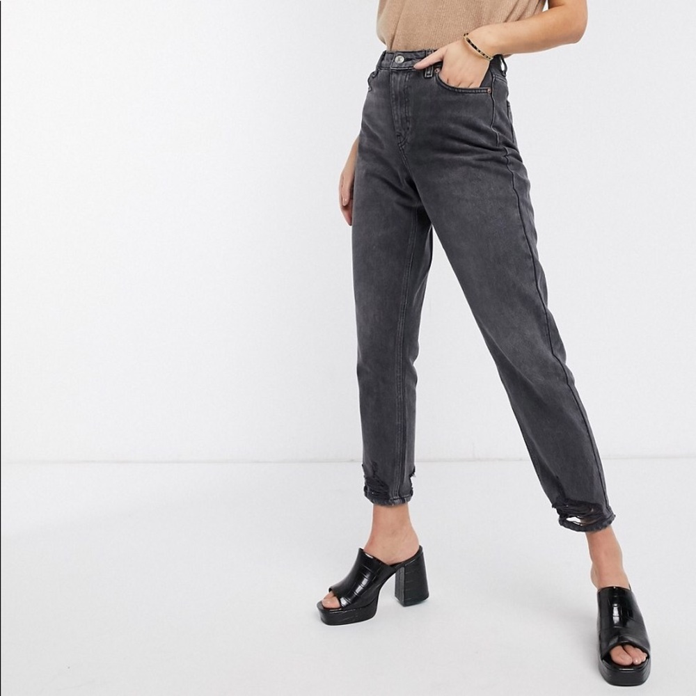 Topshop Ripped Hem Mom Jeans Washed Black